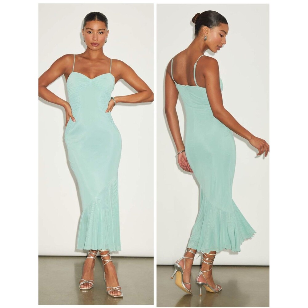 Lulus Giorgina Sage Mesh Gathered Trumpet Midi Dress Size XS Cocktail Sexy